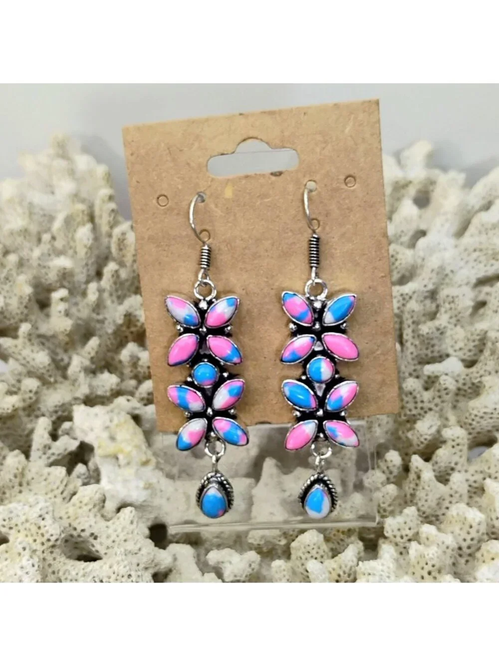 Cotton Candy Turquoise Butterfly Dangle Earrings Set in Silver 2.5